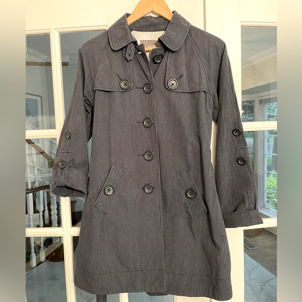 Jacob Belted Short Trench, Small, Blue with pinstripes